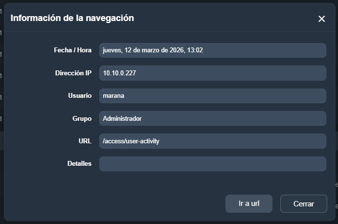 Modal Información de la navegación con campos de fecha, IP, usuario, grupo, URL y detalles