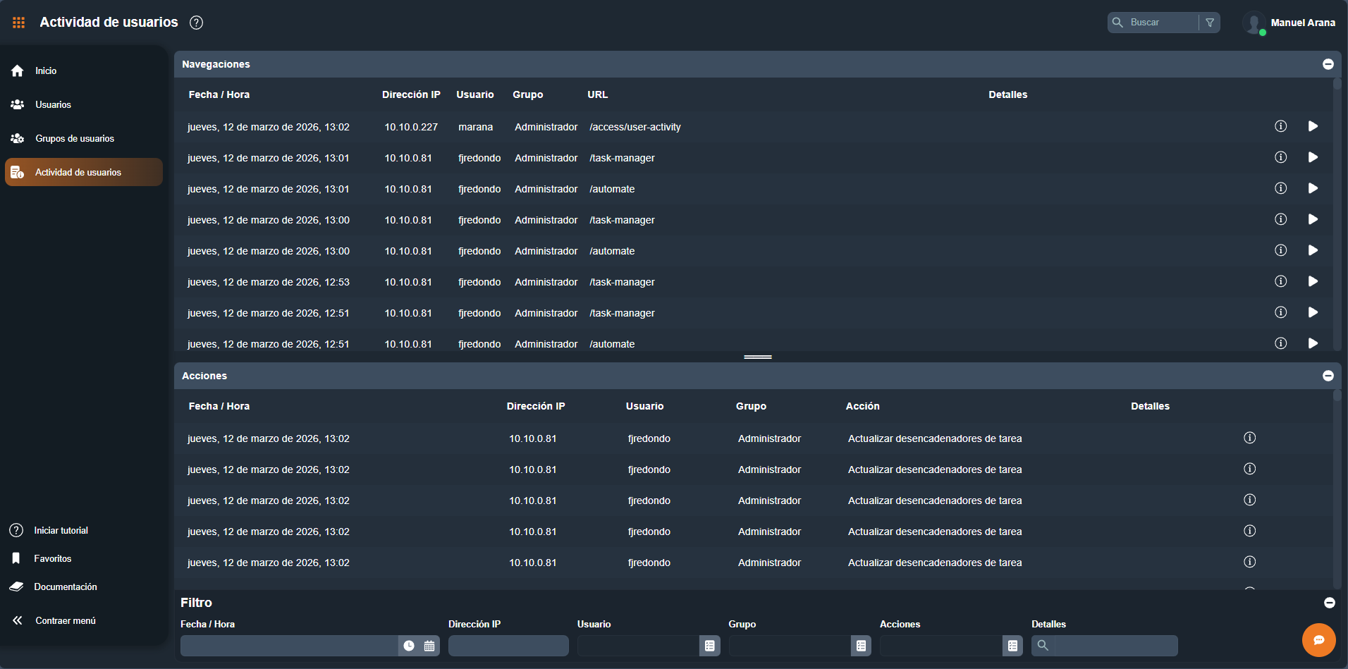 Actividad usuario en el apartado actividad de usuarios en Dragsa