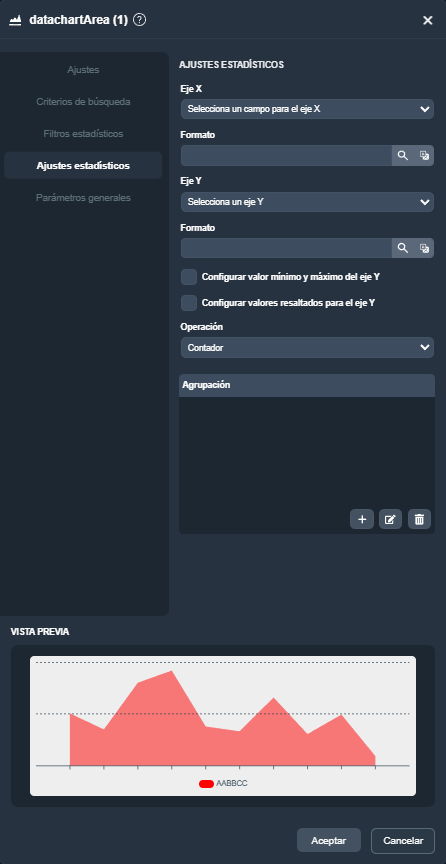 Modal del elemento área estadística en el módulo informes de Dragsa