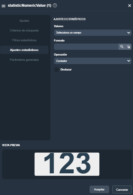 Modal del elemento indicador numérico estadístico en el módulo informes de Dragsa