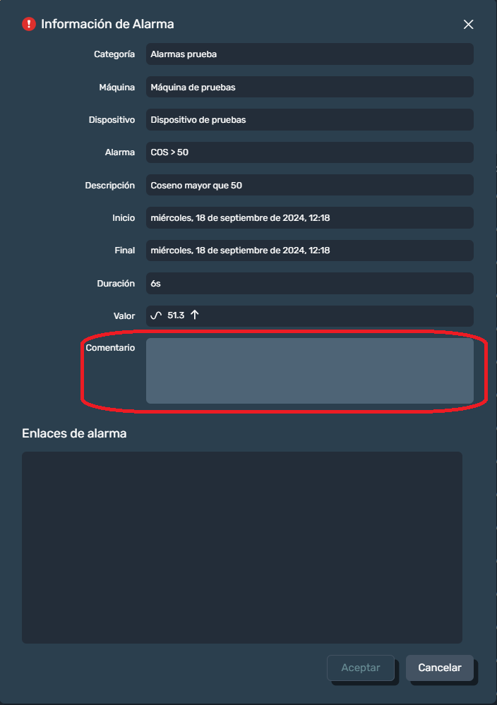 Alarma comentario en la interfaz gráfica de Dragsa