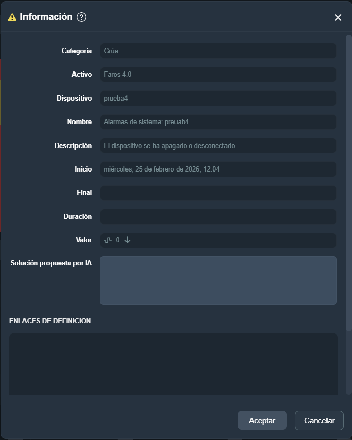 Información alarmas en la interfaz gráfica de Dragsa