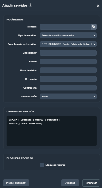 Menú añadir servidor en la interfaz gráfica de Dragsa