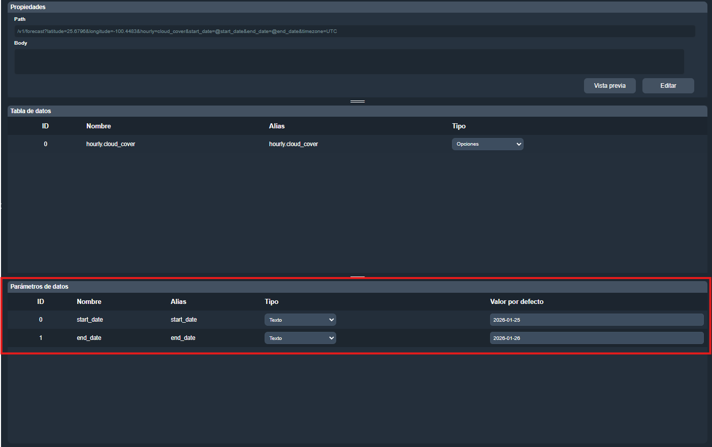 Parámetros de datos de API