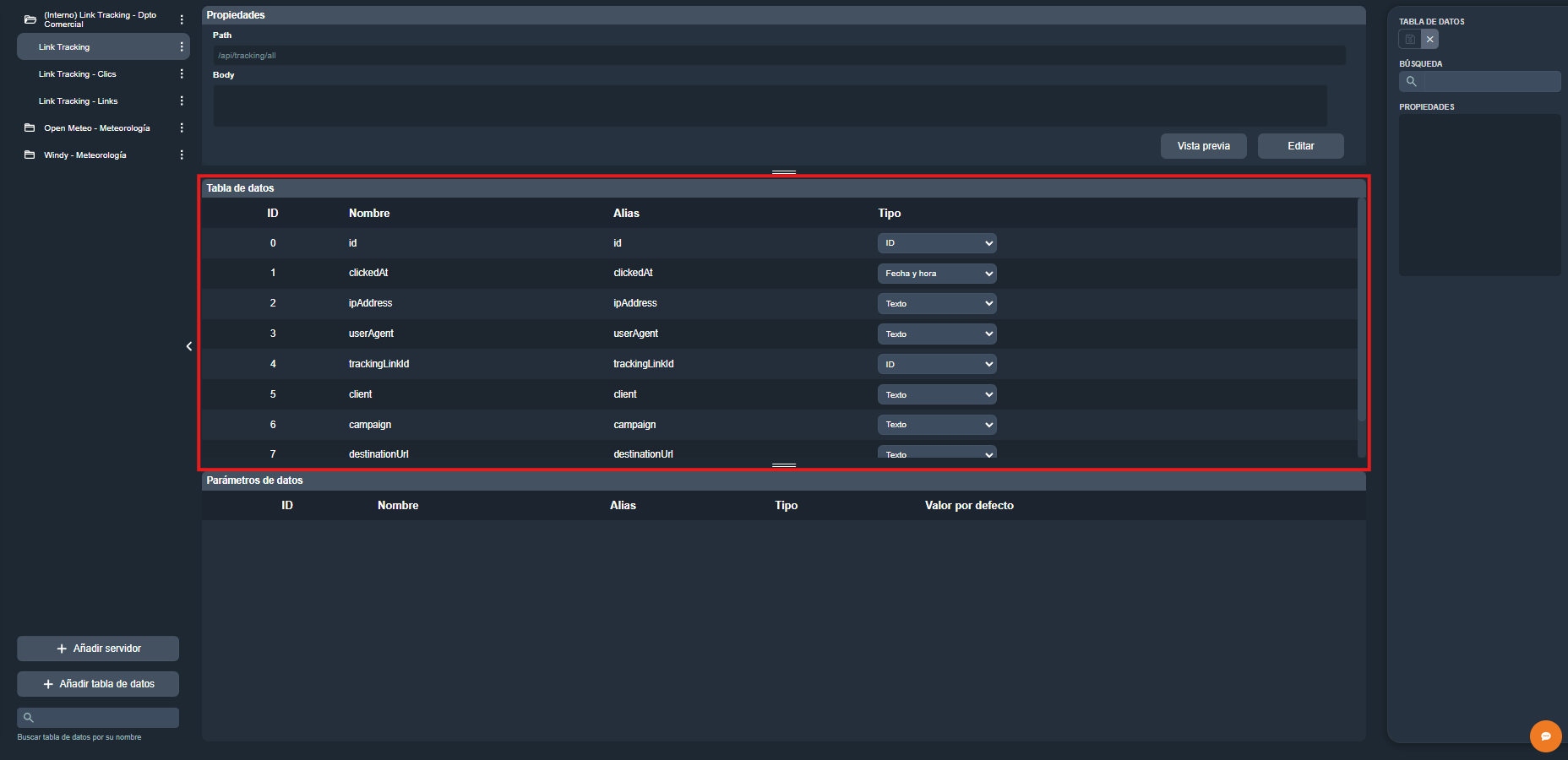 Tablas de datos de API