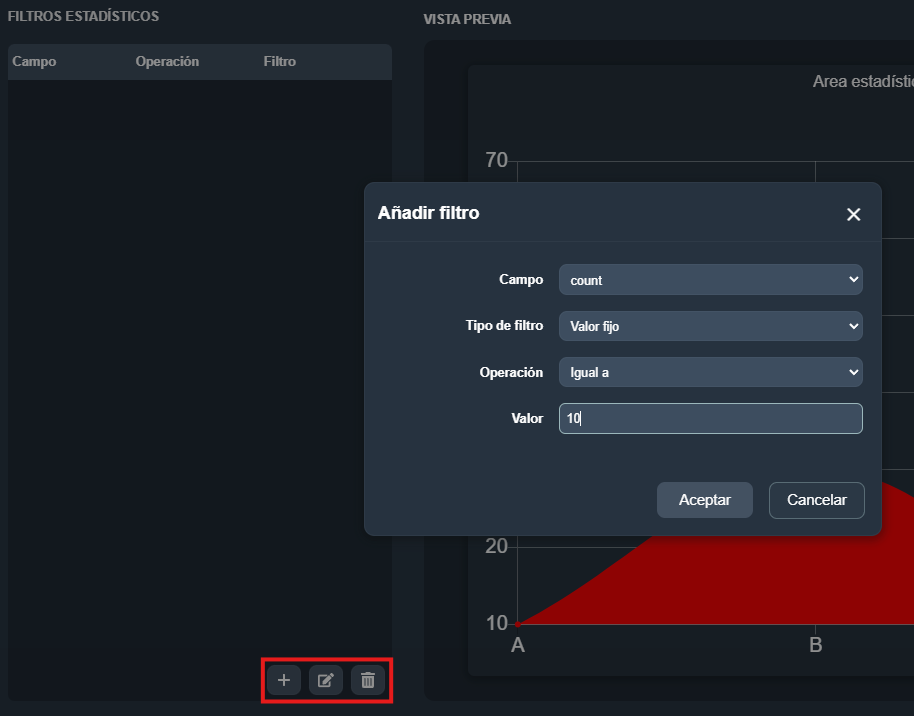 Modal de creación o edición de filtros estadísticos en el elemento área estadística del módulo paneles de Dragsa
