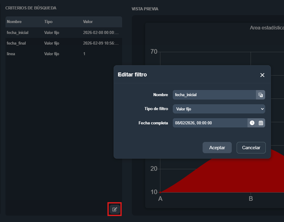 Modal de edición de un criterio de búsqueda en el elemento área estadística del módulo paneles de Dragsa