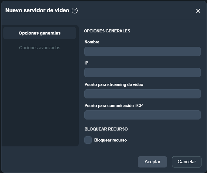 Parámetros añadir servidor de video en la interfaz gráfica de Dragsa