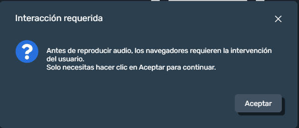 Aviso permisos de audio teleasistencia en la interfaz gráfica de Dragsa