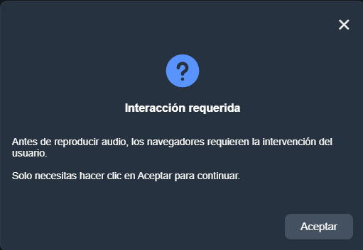 Aviso permisos de audio teleasistencia en la interfaz gráfica de Dragsa