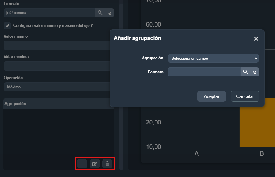 Modal para añadir o editar agrupaciones en el elemento barra estadística del módulo paneles de Dragsa