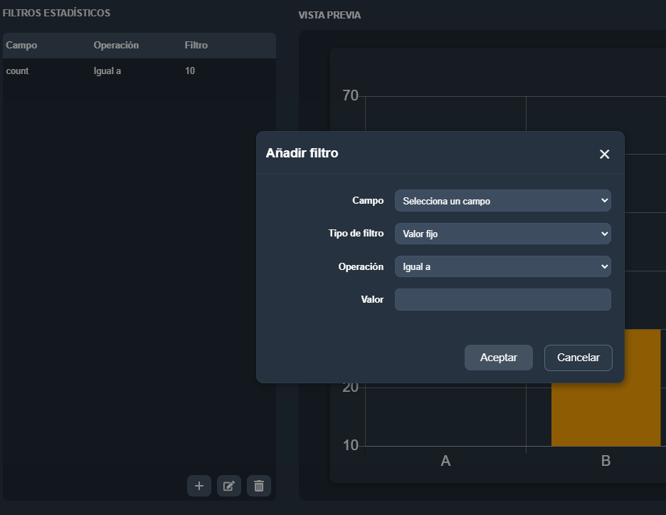 Modal de creación o edición de filtros estadísticos en el elemento barra estadística del módulo paneles de Dragsa