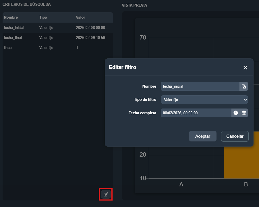 Modal de edición de un criterio de búsqueda en el elemento barra estadística del módulo paneles de Dragsa