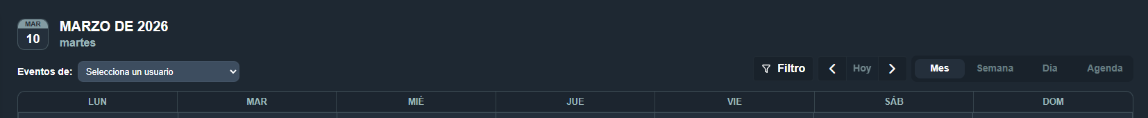 Barra superior del calendario en el módulo Gestión de mantenimiento