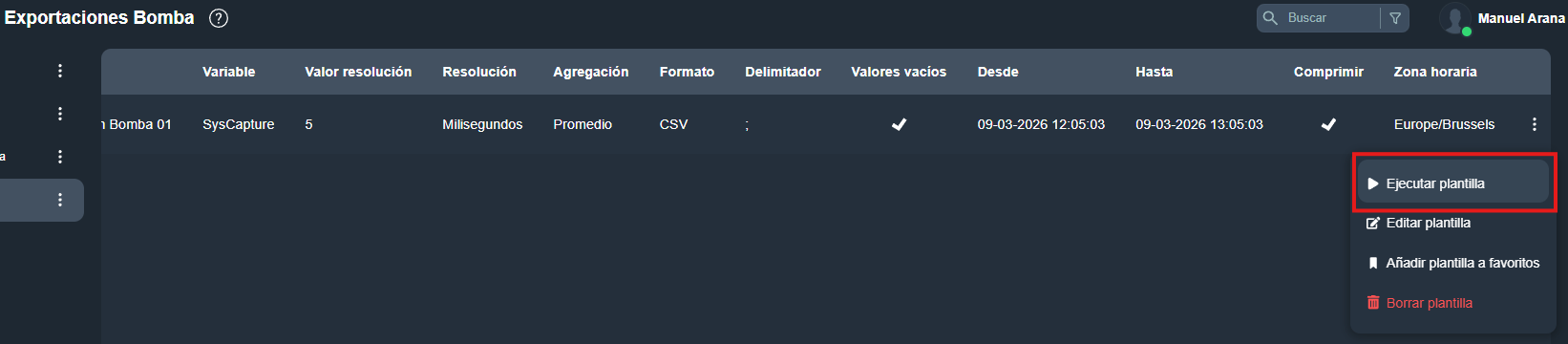 Botón de Ejecutar la plantilla para exportar datos en la interfaz gráfica de Dragsa