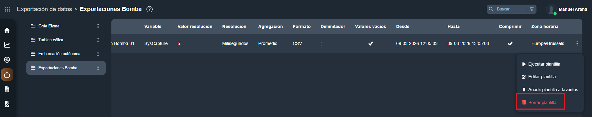 Botón de eliminar la plantilla para exportar datos en la interfaz gráfica de Dragsa