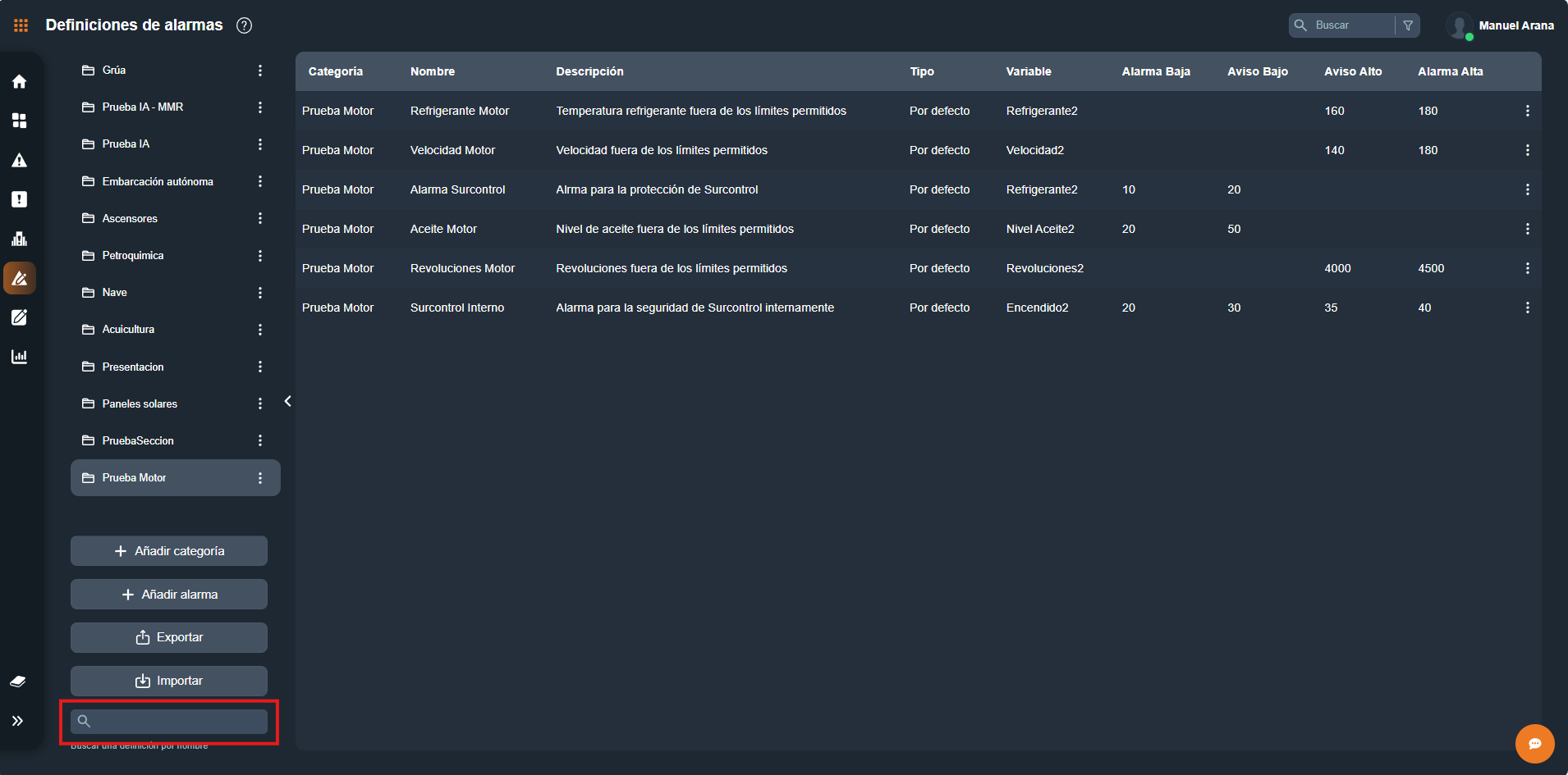 Buscar alarma en la interfaz gráfica de Dragsa