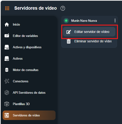 Parámetros añadir servidor de video en la interfaz gráfica de Dragsa