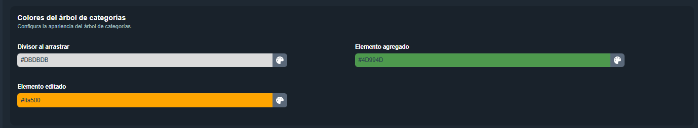 Sección Colores del árbol de categorías en el editor de apariencias