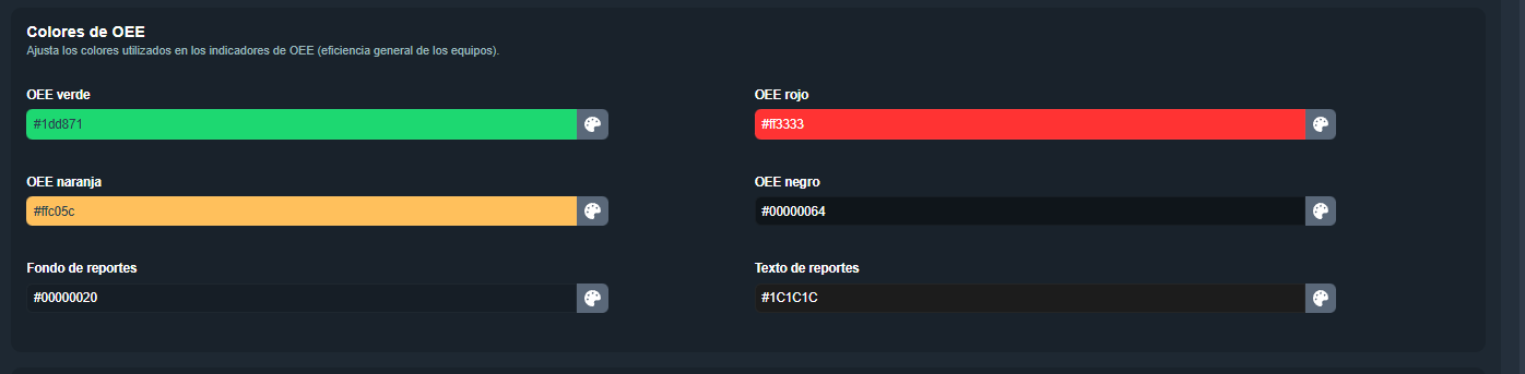 Sección Colores de OEE en el editor de apariencias