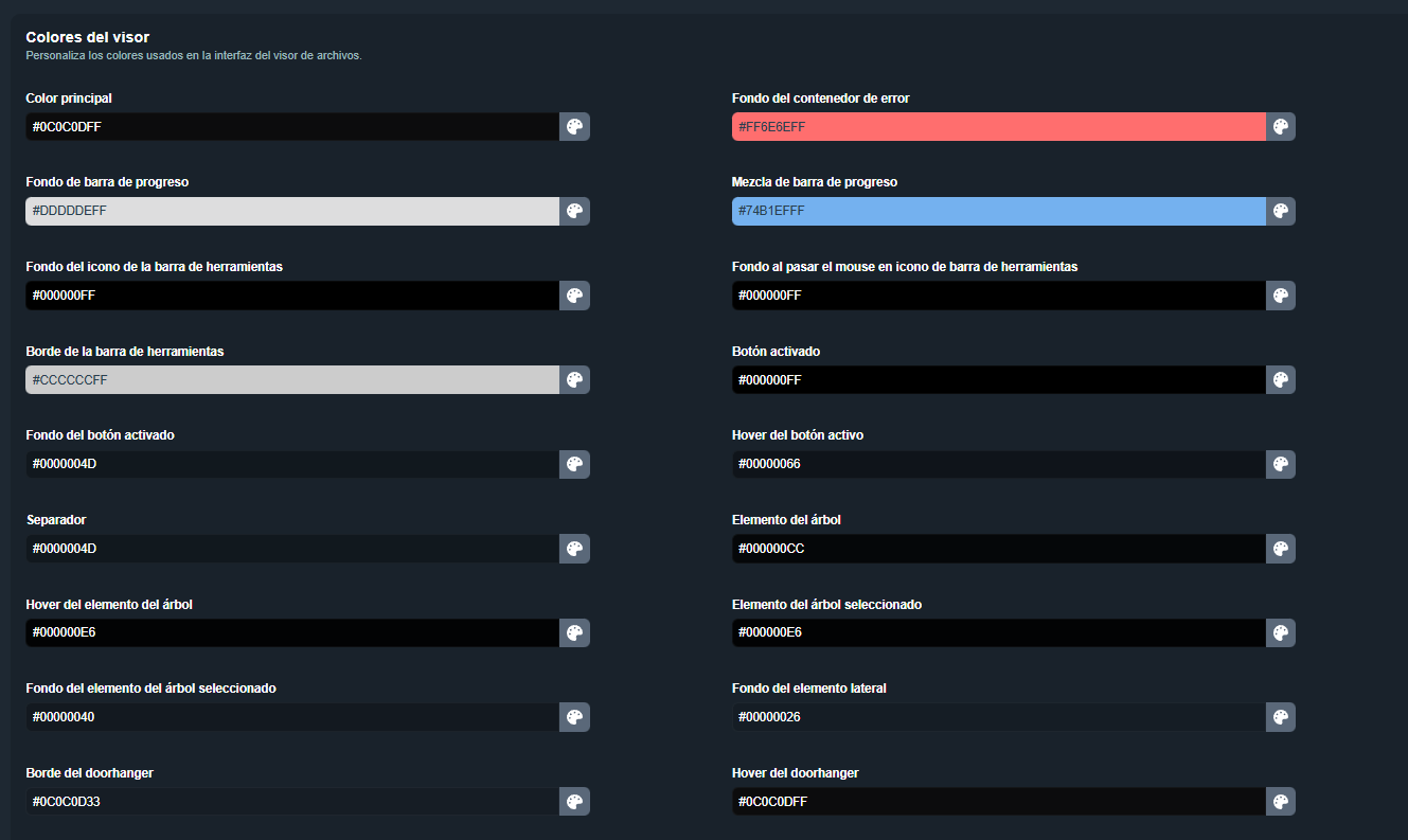 Sección Colores del visor en el editor de apariencias