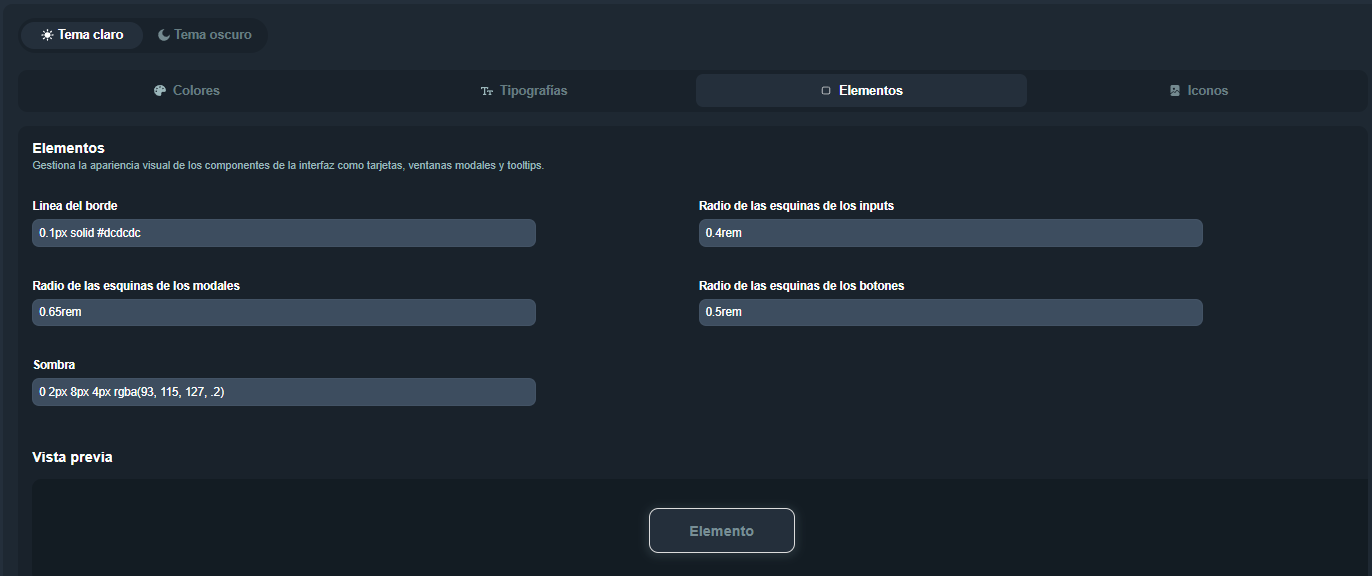 Sección Elementos en el editor de apariencias