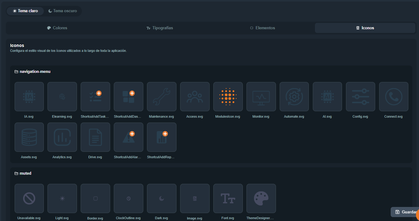 Sección Iconos en el editor de apariencias