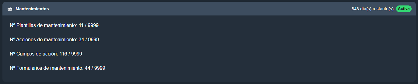 Información de la licencia de mantenimientos