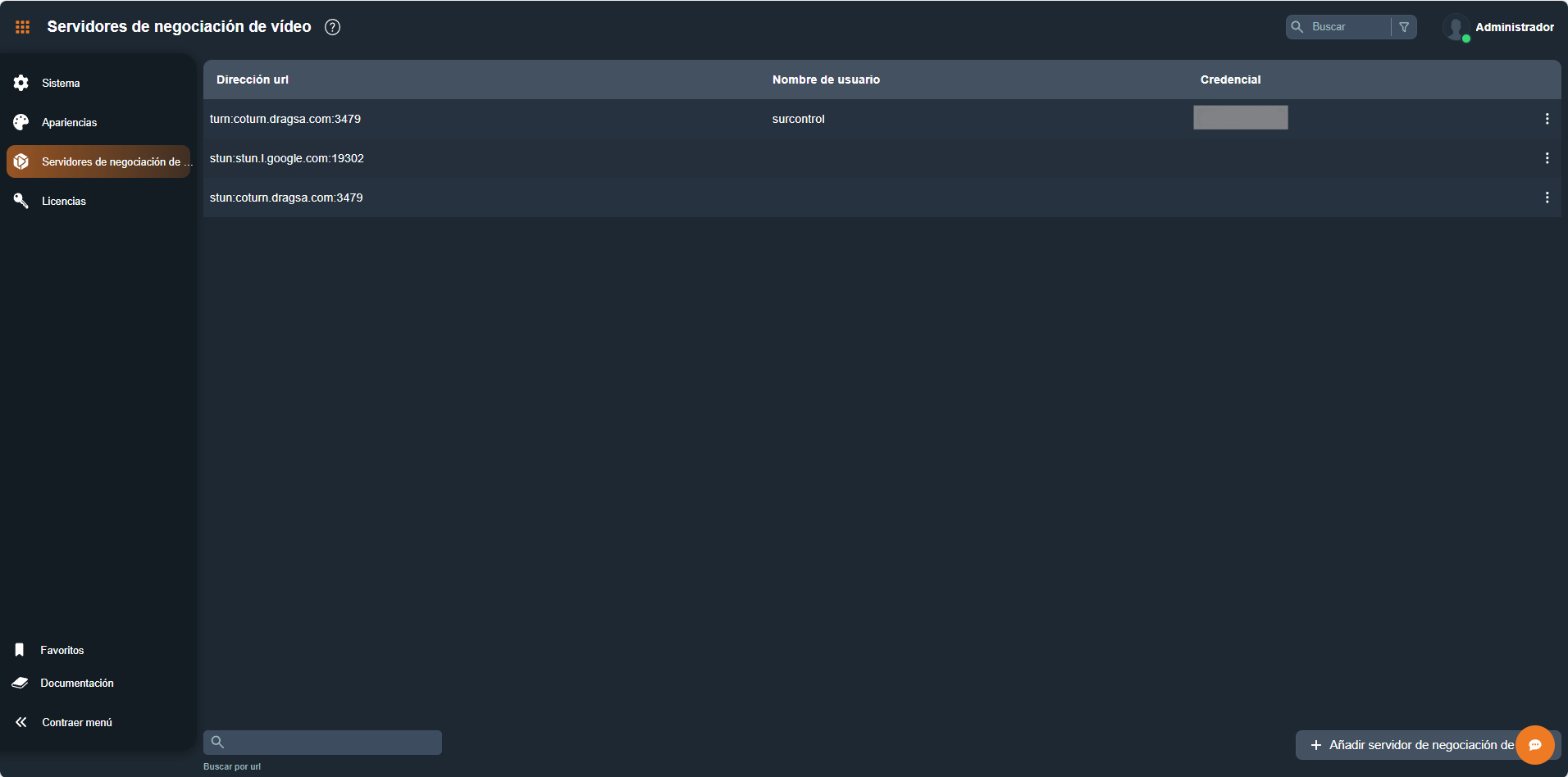 Listado de servidores de negociación de vídeo