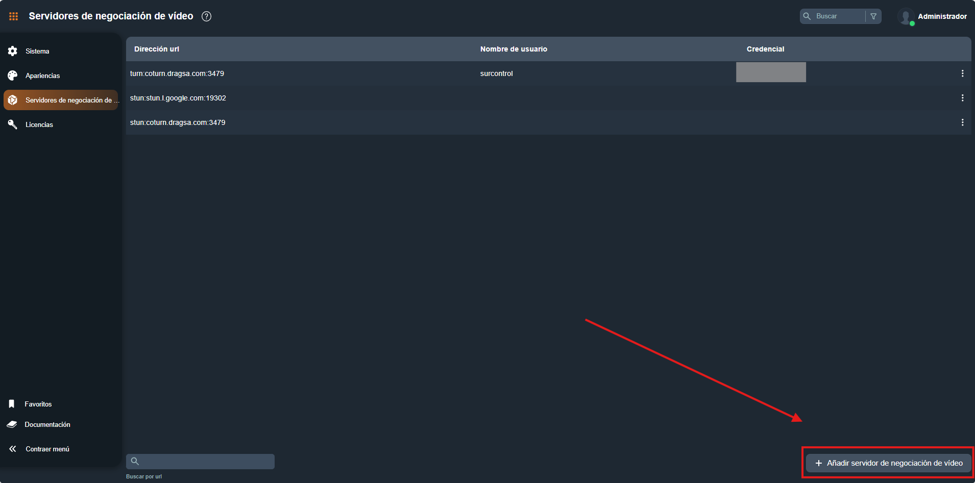 Botón Añadir servidor de negociación de vídeo