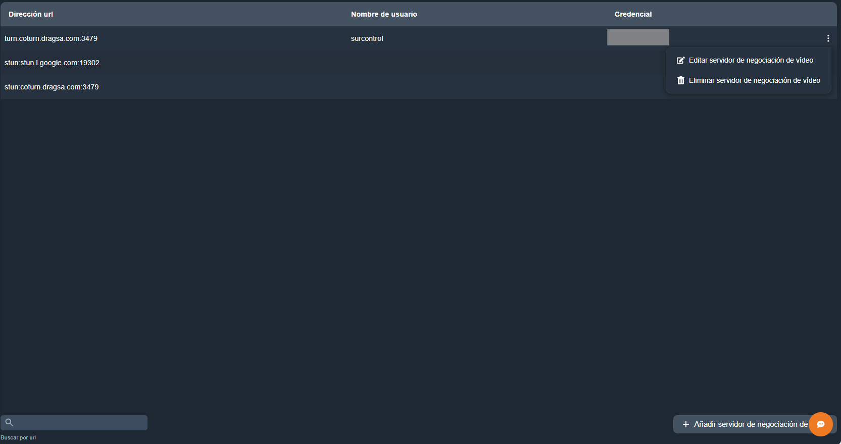Opciones editar o eliminar servidor de negociación