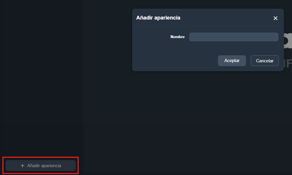 Modal Añadir apariencia en el módulo Apariencias de Dragsa