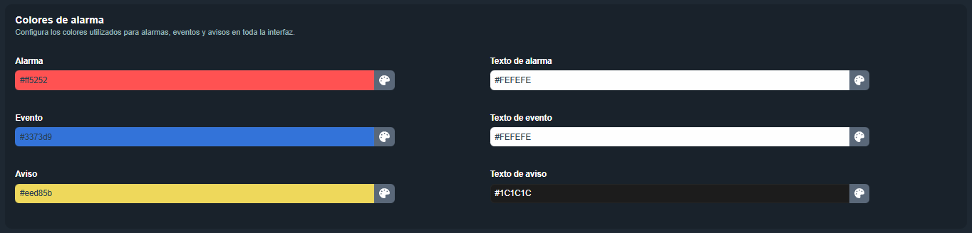 Sección Colores de alarma en el editor de apariencias