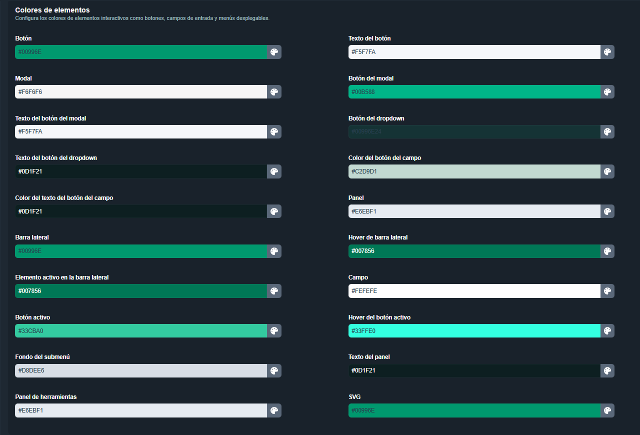 Sección Colores de elementos en el editor de apariencias