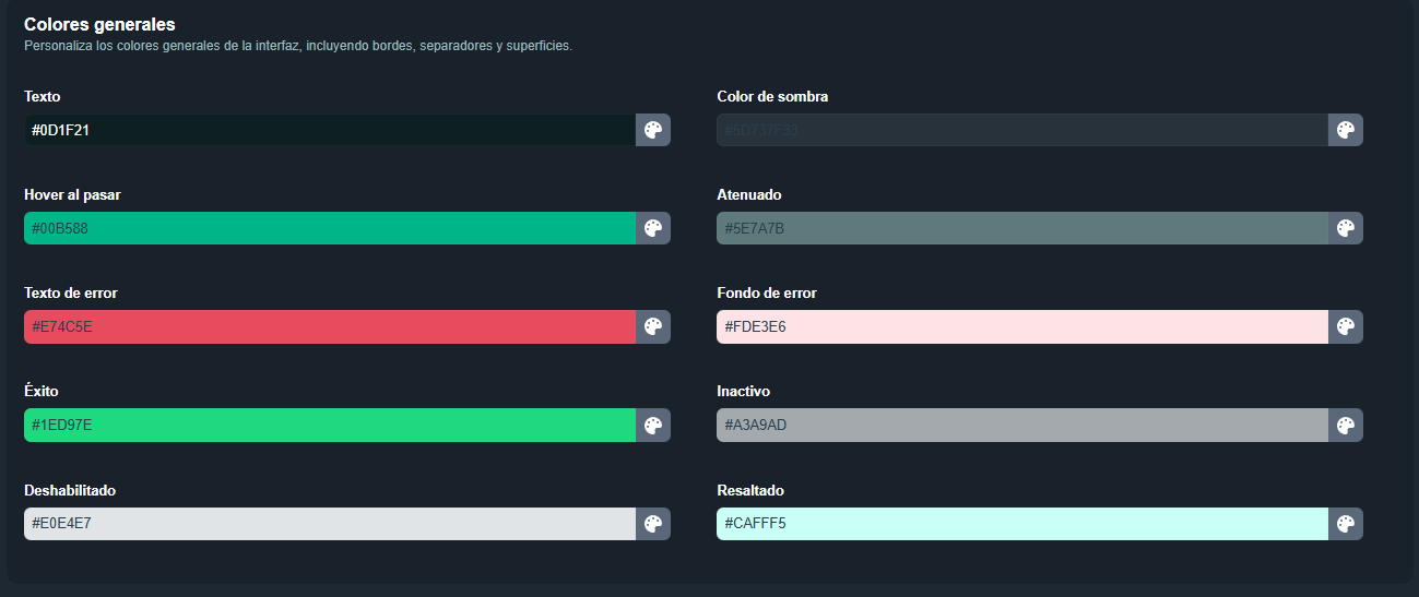 Sección Colores generales en el editor de apariencias