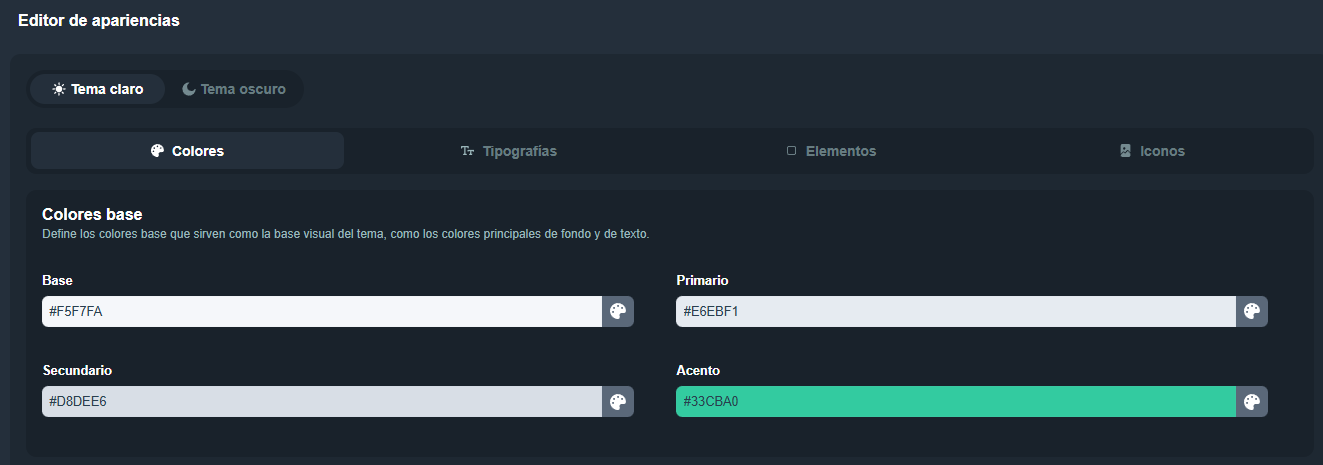 Editor de apariencias con pestañas de personalización