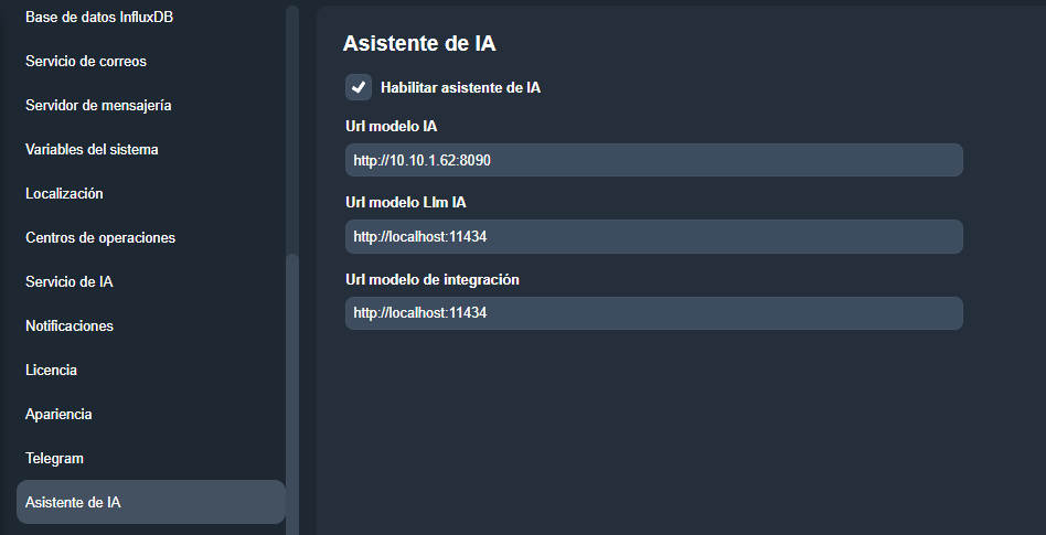 Pestaña Asistente de IA en el módulo Configuración del sistema