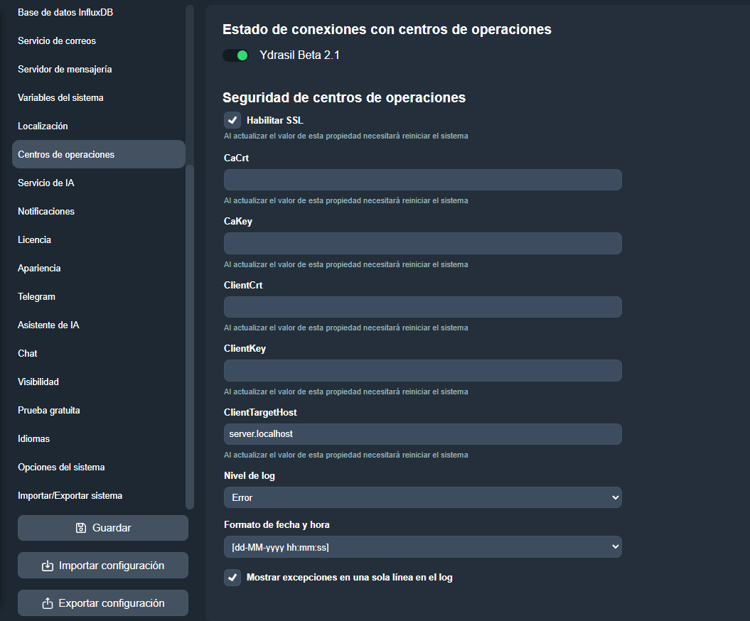Pestaña Centros de operaciones en el módulo Configuración del sistema