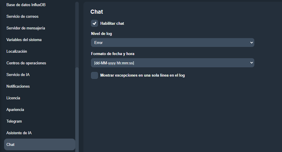 Pestaña Chat en el módulo Configuración del sistema