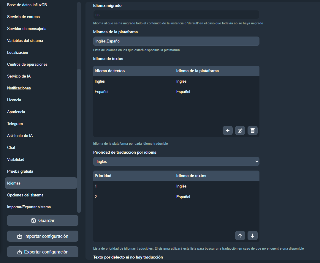 Pestaña Idiomas en el módulo Configuración del sistema