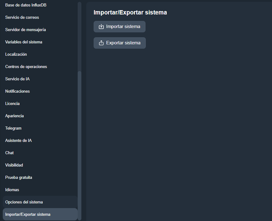 Pestaña Importar/Exportar sistema en el módulo Configuración del sistema