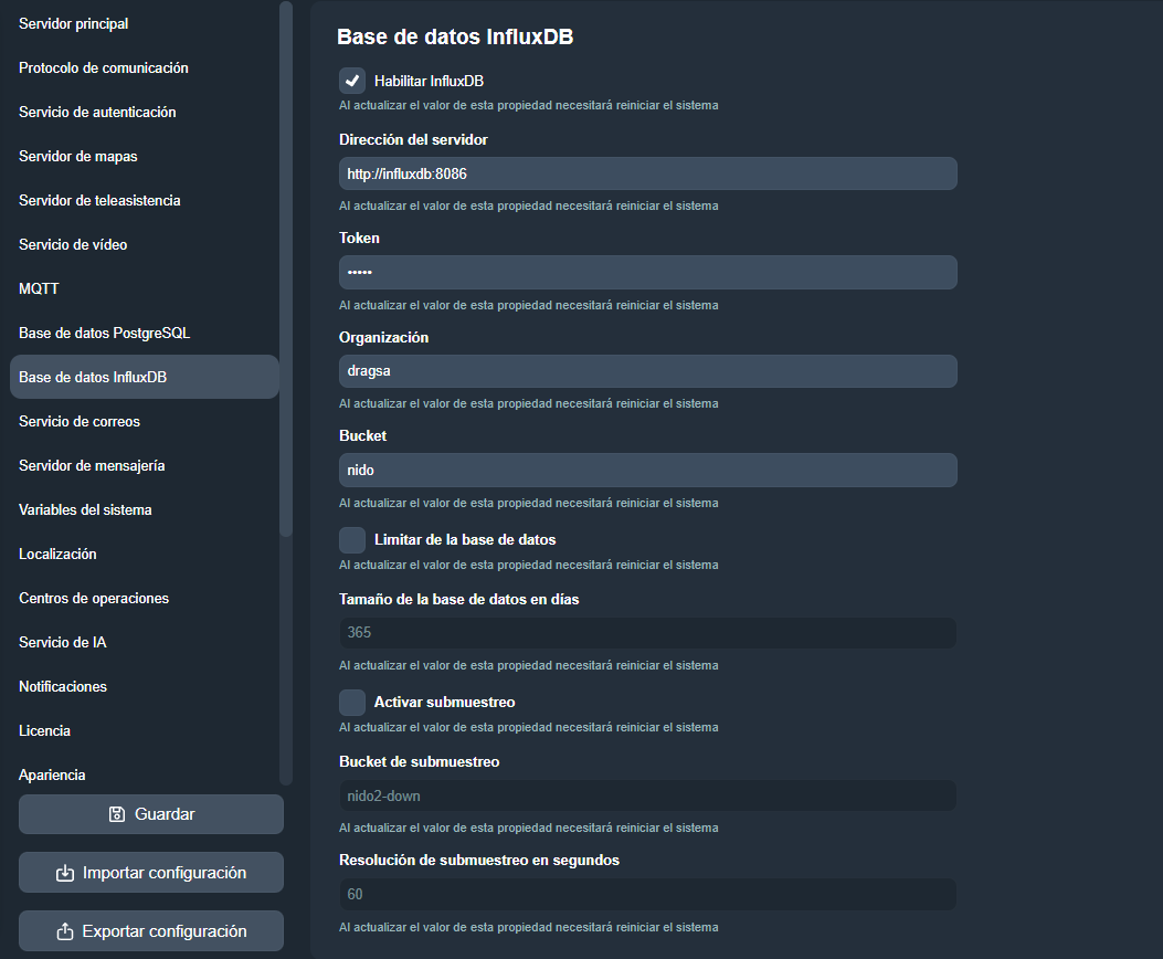 Pestaña Base de datos InfluxDB en el módulo Configuración del sistema