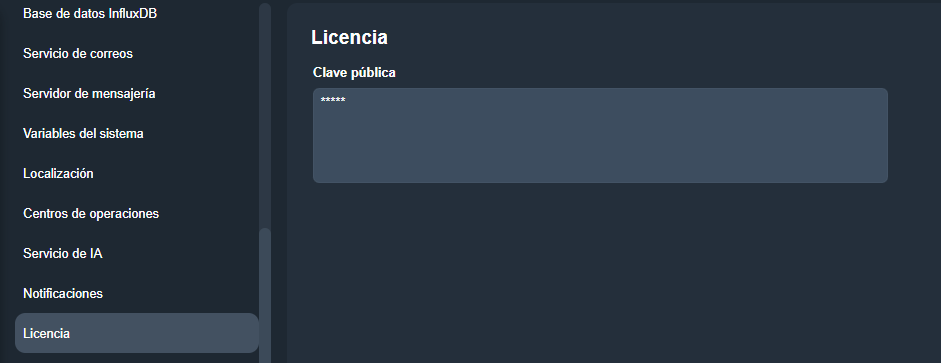 Pestaña Licencia en el módulo Configuración del sistema