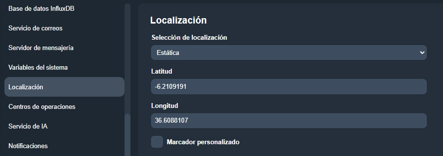 Pestaña Localización en el módulo Configuración del sistema