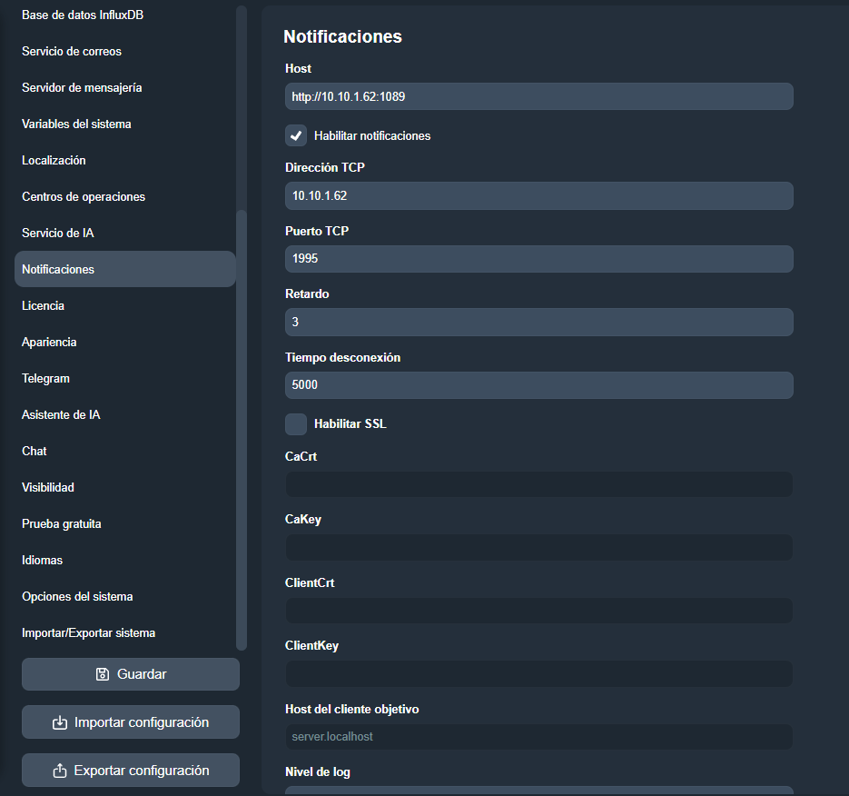 Pestaña Notificaciones en el módulo Configuración del sistema