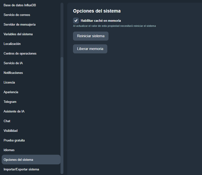 Pestaña Opciones del sistema en el módulo Configuración del sistema