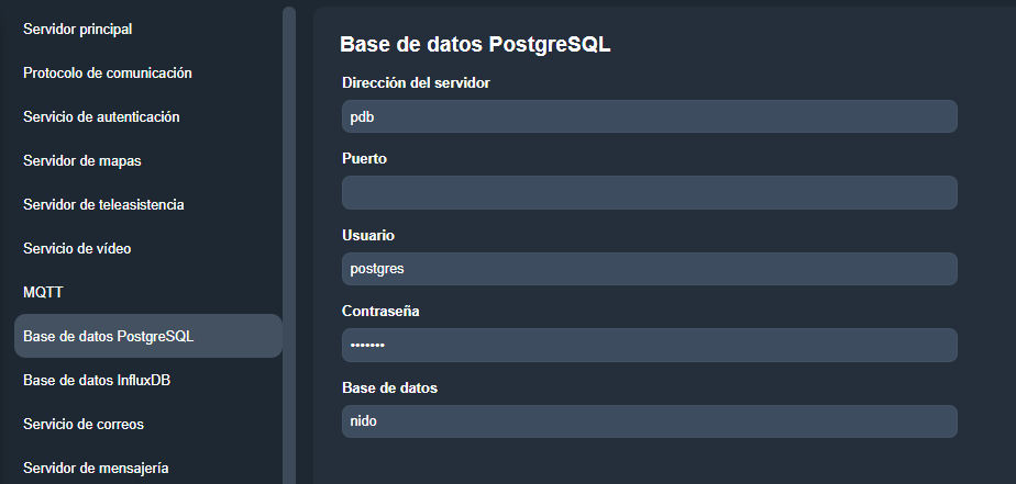 Pestaña Base de datos PostgreSQL en el módulo Configuración del sistema