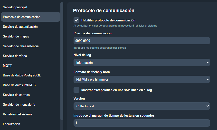 Pestaña Protocolo de comunicación en el módulo Configuración del sistema