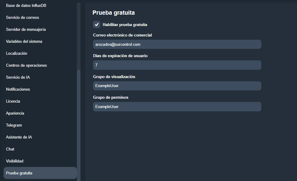 Pestaña Prueba gratuita en el módulo Configuración del sistema
