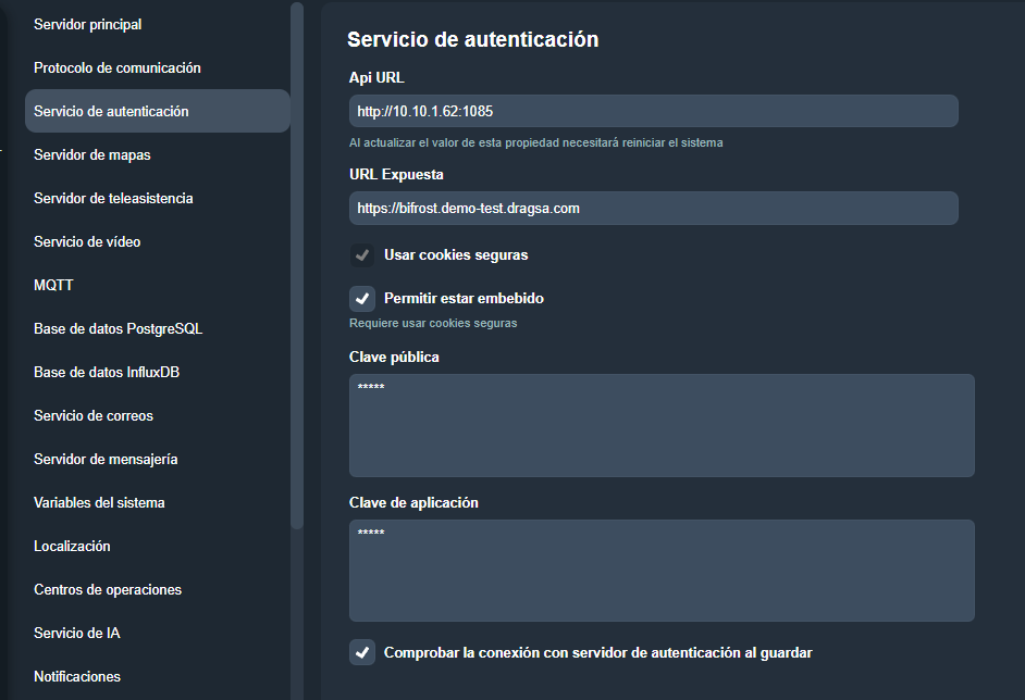 Pestaña Servicio de autenticación en el módulo Configuración del sistema